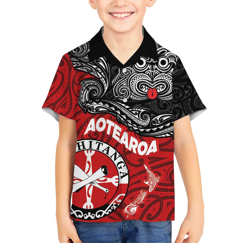 Maori Kotahitanga Family Matching Puletasi and Hawaiian Shirt Aotearoa Spirit with Maori Mask and Polynesian Art Tattoo LT03 Son's Shirt Red - Polynesian Pride