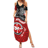 Maori Kotahitanga Family Matching Summer Maxi Dress and Hawaiian Shirt Aotearoa Spirit with Maori Mask and Polynesian Art Tattoo LT03 Mom's Dress Red - Polynesian Pride