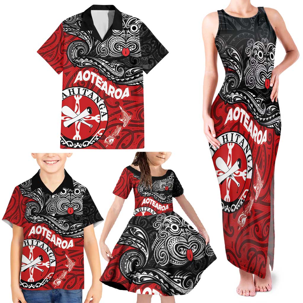 Maori Kotahitanga Family Matching Tank Maxi Dress and Hawaiian Shirt Aotearoa Spirit with Maori Mask and Polynesian Art Tattoo LT03 - Polynesian Pride