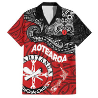 Maori Kotahitanga Family Matching Tank Maxi Dress and Hawaiian Shirt Aotearoa Spirit with Maori Mask and Polynesian Art Tattoo LT03 Dad's Shirt - Short Sleeve Red - Polynesian Pride