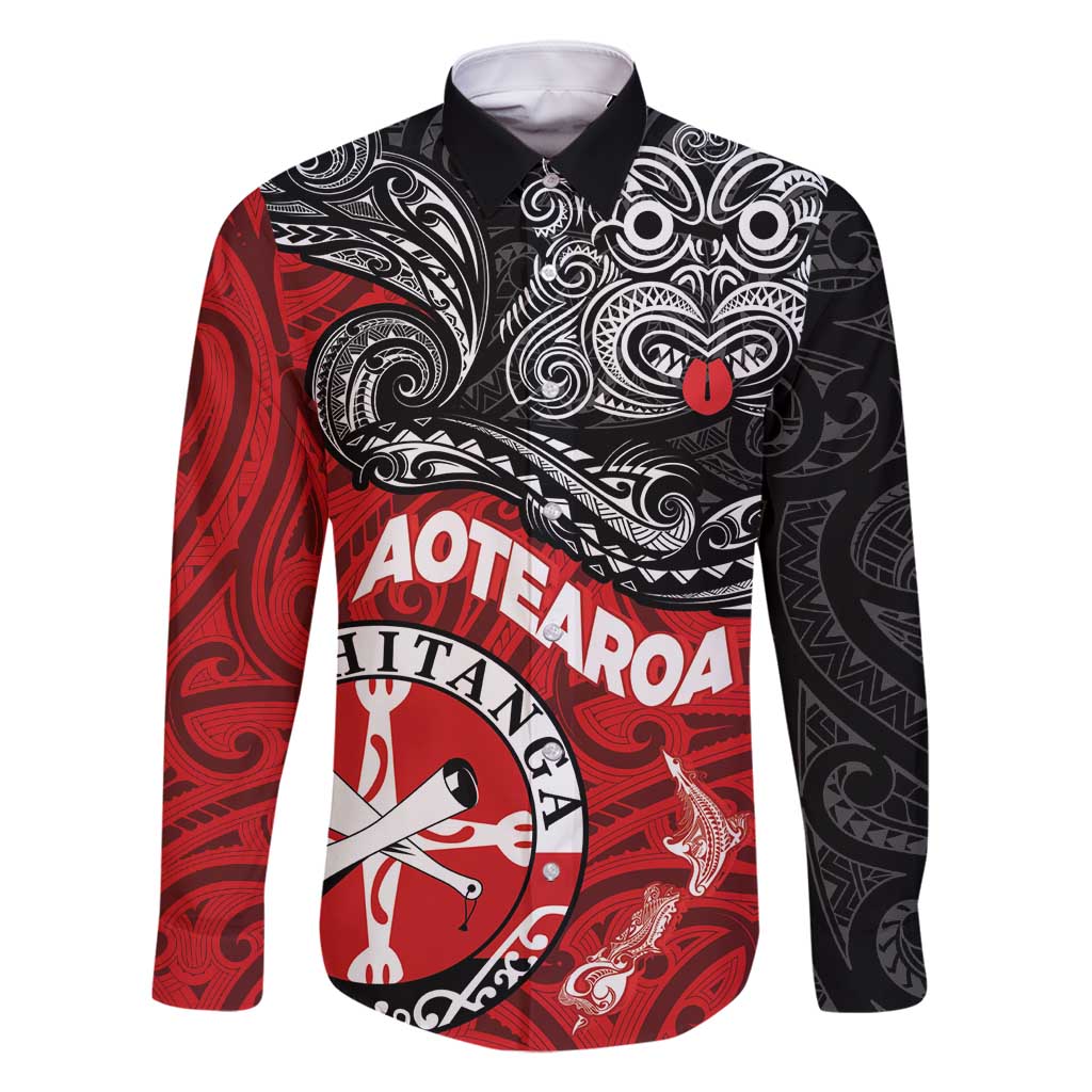 Maori Kotahitanga Family Matching Tank Maxi Dress and Hawaiian Shirt Aotearoa Spirit with Maori Mask and Polynesian Art Tattoo LT03 Dad's Shirt - Long Sleeve Red - Polynesian Pride