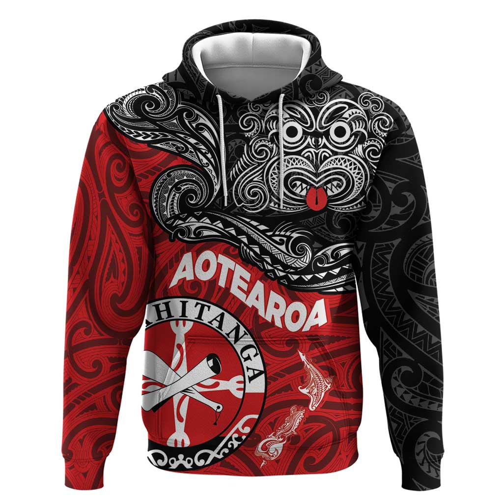 Maori Kotahitanga Hoodie Aotearoa Spirit with Maori Mask and Polynesian Art Tattoo LT03 Pullover Hoodie Red - Polynesian Pride