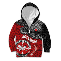 Maori Kotahitanga Kid Hoodie Aotearoa Spirit with Maori Mask and Polynesian Art Tattoo LT03 Zip Hoodie Red - Polynesian Pride