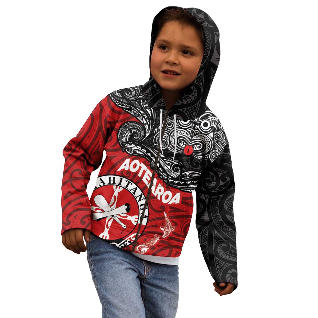 Maori Kotahitanga Kid Hoodie Aotearoa Spirit with Maori Mask and Polynesian Art Tattoo LT03 - Polynesian Pride