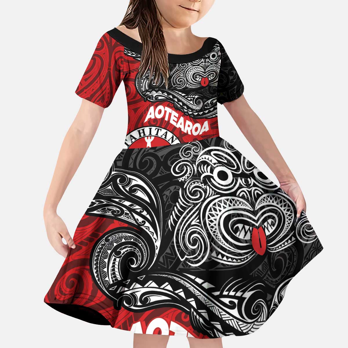 Maori Kotahitanga Kid Short Sleeve Dress Aotearoa Spirit with Maori Mask and Polynesian Art Tattoo LT03 KID Red - Polynesian Pride