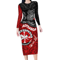 Maori Kotahitanga Long Sleeve Bodycon Dress Aotearoa Spirit with Maori Mask and Polynesian Art Tattoo LT03 Long Dress Red - Polynesian Pride