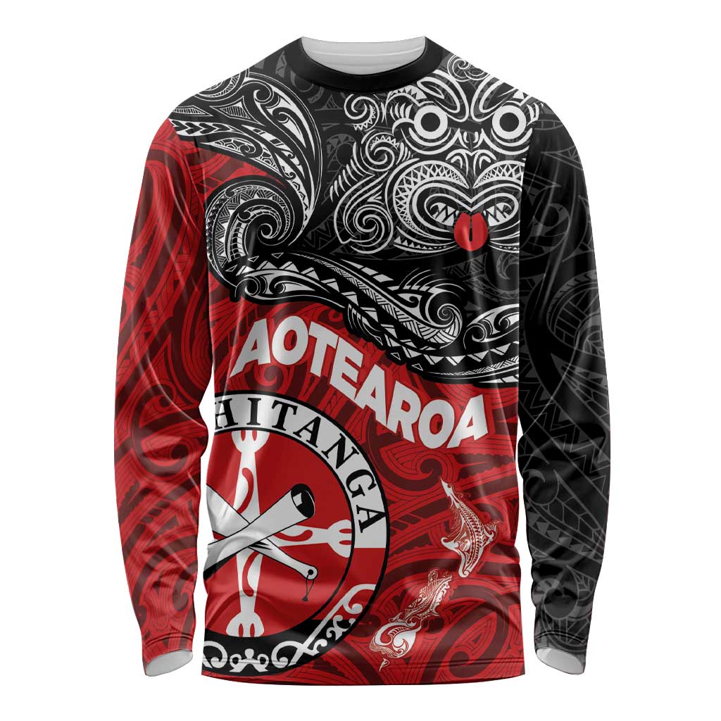 Maori Kotahitanga Long Sleeve Shirt Aotearoa Spirit with Maori Mask and Polynesian Art Tattoo LT03 Unisex Red - Polynesian Pride