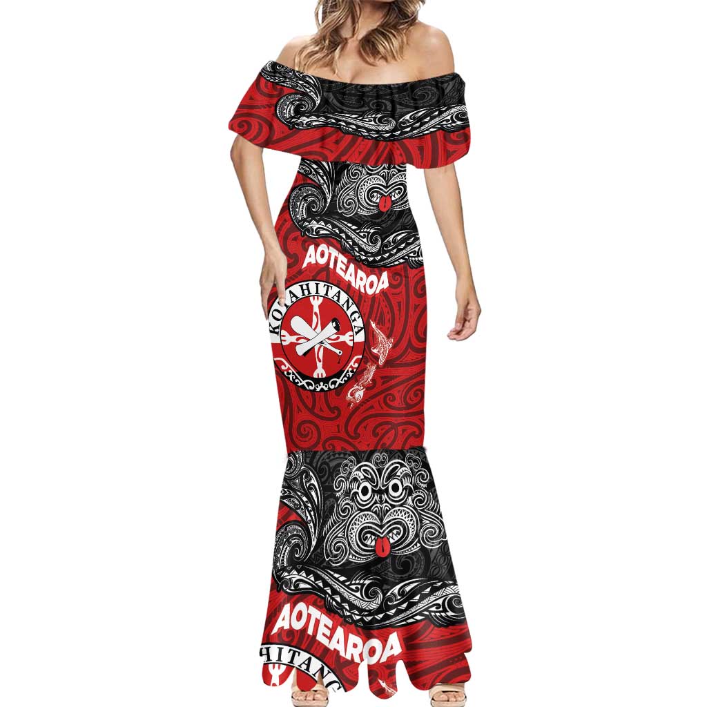 Maori Kotahitanga Mermaid Dress Aotearoa Spirit with Maori Mask and Polynesian Art Tattoo LT03 - Polynesian Pride