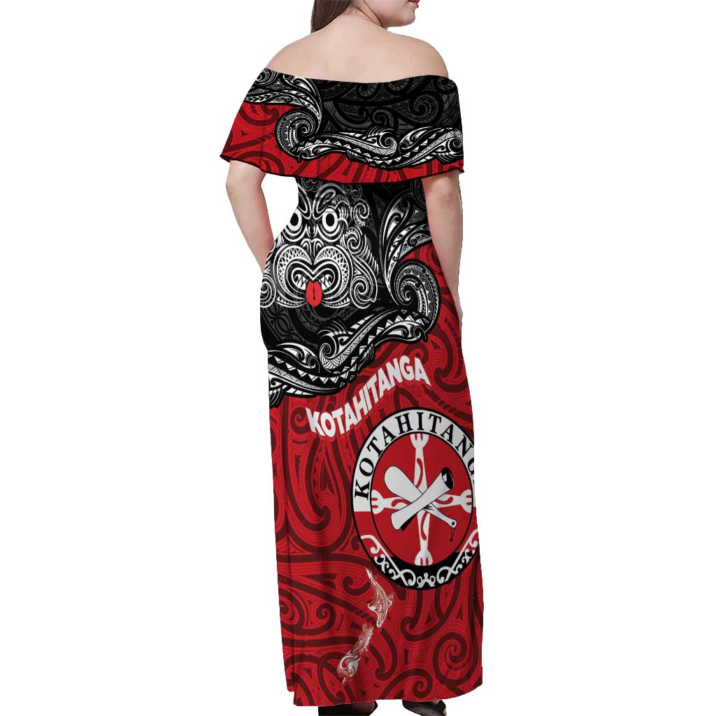 Maori Kotahitanga Off Shoulder Maxi Dress Aotearoa Spirit with Maori Mask and Polynesian Art Tattoo LT03 - Polynesian Pride