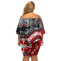 Maori Kotahitanga Off Shoulder Short Dress Aotearoa Spirit with Maori Mask and Polynesian Art Tattoo LT03 - Polynesian Pride