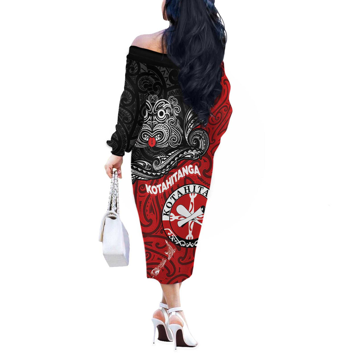 Maori Kotahitanga Off The Shoulder Long Sleeve Dress Aotearoa Spirit with Maori Mask and Polynesian Art Tattoo LT03 - Polynesian Pride