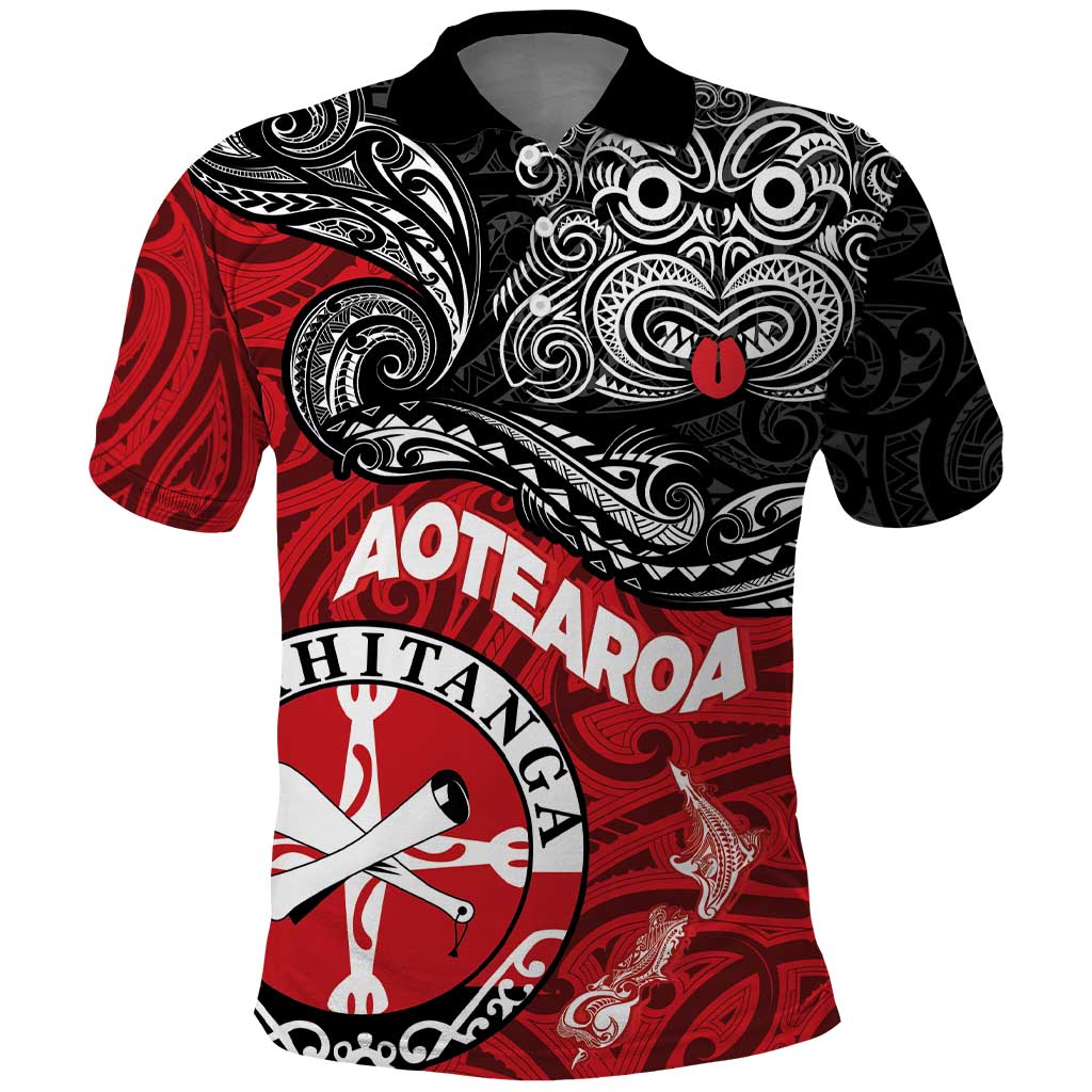 Maori Kotahitanga Polo Shirt Aotearoa Spirit with Maori Mask and Polynesian Art Tattoo LT03 Red - Polynesian Pride