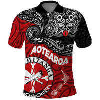 Maori Kotahitanga Polo Shirt Aotearoa Spirit with Maori Mask and Polynesian Art Tattoo LT03 Red - Polynesian Pride