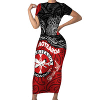 Maori Kotahitanga Short Sleeve Bodycon Dress Aotearoa Spirit with Maori Mask and Polynesian Art Tattoo LT03 Long Dress Red - Polynesian Pride