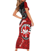 Maori Kotahitanga Short Sleeve Bodycon Dress Aotearoa Spirit with Maori Mask and Polynesian Art Tattoo LT03 - Polynesian Pride