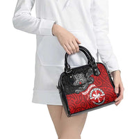 Maori Kotahitanga Shoulder Handbag Aotearoa Spirit with Maori Mask and Polynesian Art Tattoo