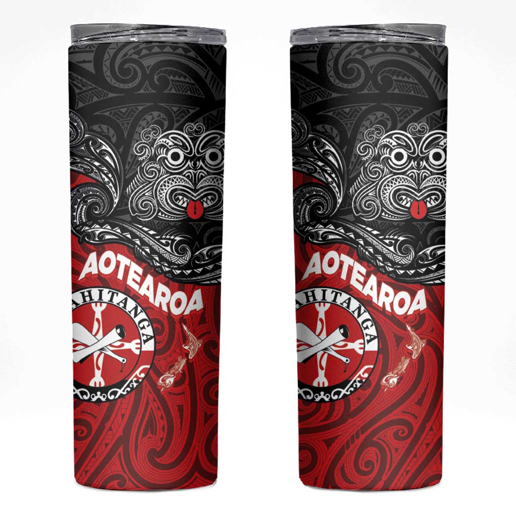 Maori Kotahitanga Skinny Tumbler Aotearoa Spirit with Maori Mask and Polynesian Art Tattoo LT03 Red - Polynesian Pride