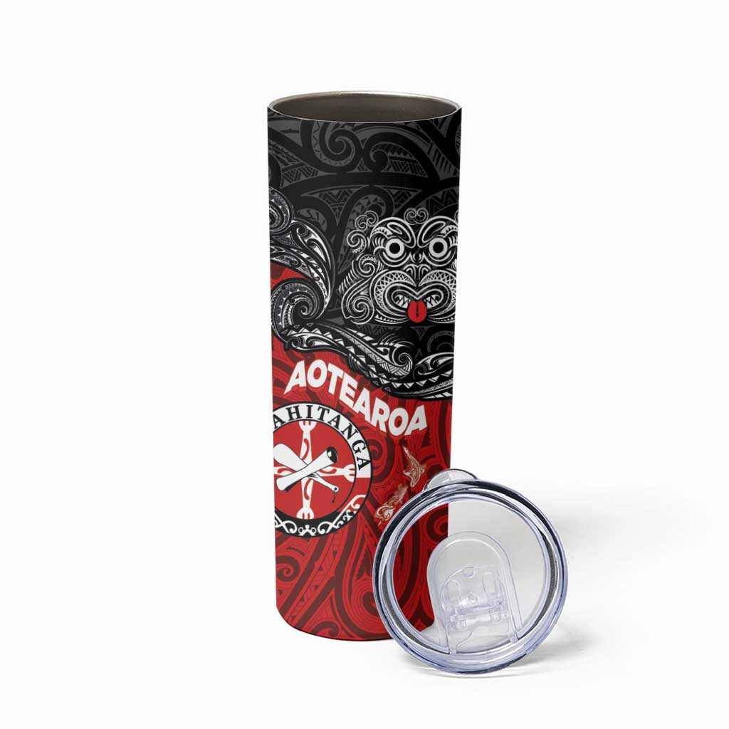 Maori Kotahitanga Skinny Tumbler Aotearoa Spirit with Maori Mask and Polynesian Art Tattoo LT03 - Polynesian Pride