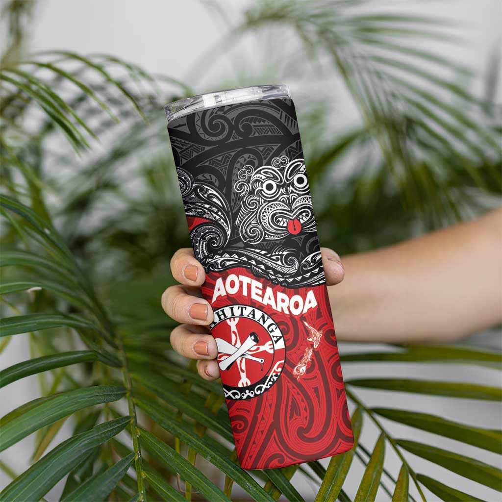 Maori Kotahitanga Skinny Tumbler Aotearoa Spirit with Maori Mask and Polynesian Art Tattoo LT03 - Polynesian Pride