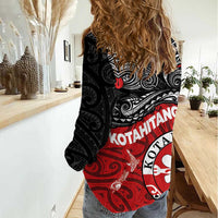 Maori Kotahitanga Women Casual Shirt Aotearoa Spirit with Maori Mask and Polynesian Art Tattoo LT03 - Polynesian Pride