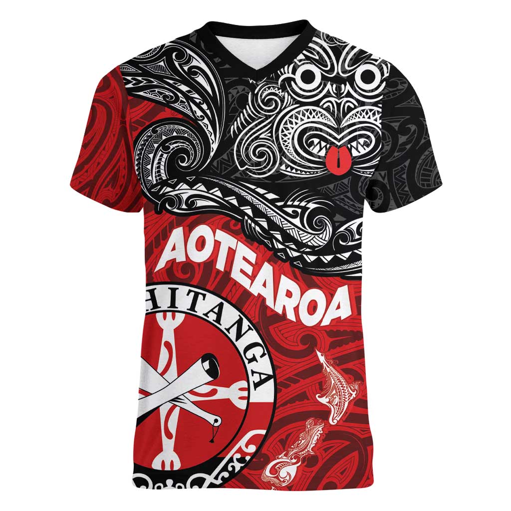 Maori Kotahitanga Women V-Neck T-Shirt Aotearoa Spirit with Maori Mask and Polynesian Art Tattoo