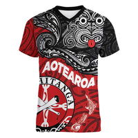 Maori Kotahitanga Women V-Neck T-Shirt Aotearoa Spirit with Maori Mask and Polynesian Art Tattoo