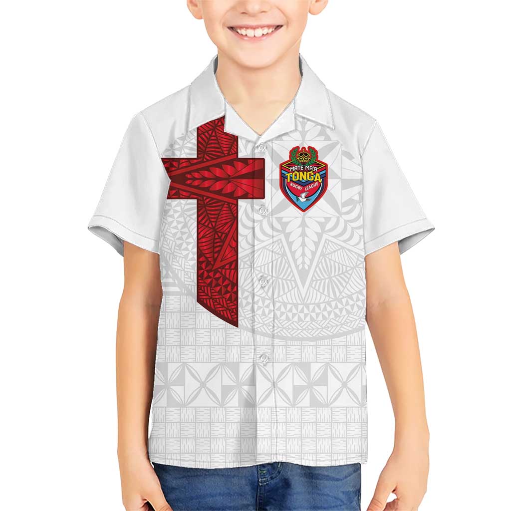 Custom Tonga Ngatu Art Rugby Mate Ma'a Family Matching Off The Shoulder Long Sleeve Dress and Hawaiian Shirt LT03 Son's Shirt White - Polynesian Pride