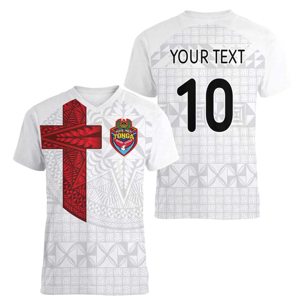 Custom Tonga Ngatu Art Rugby Mate Ma'a Women V-Neck T-Shirt LT03 - Polynesian Pride