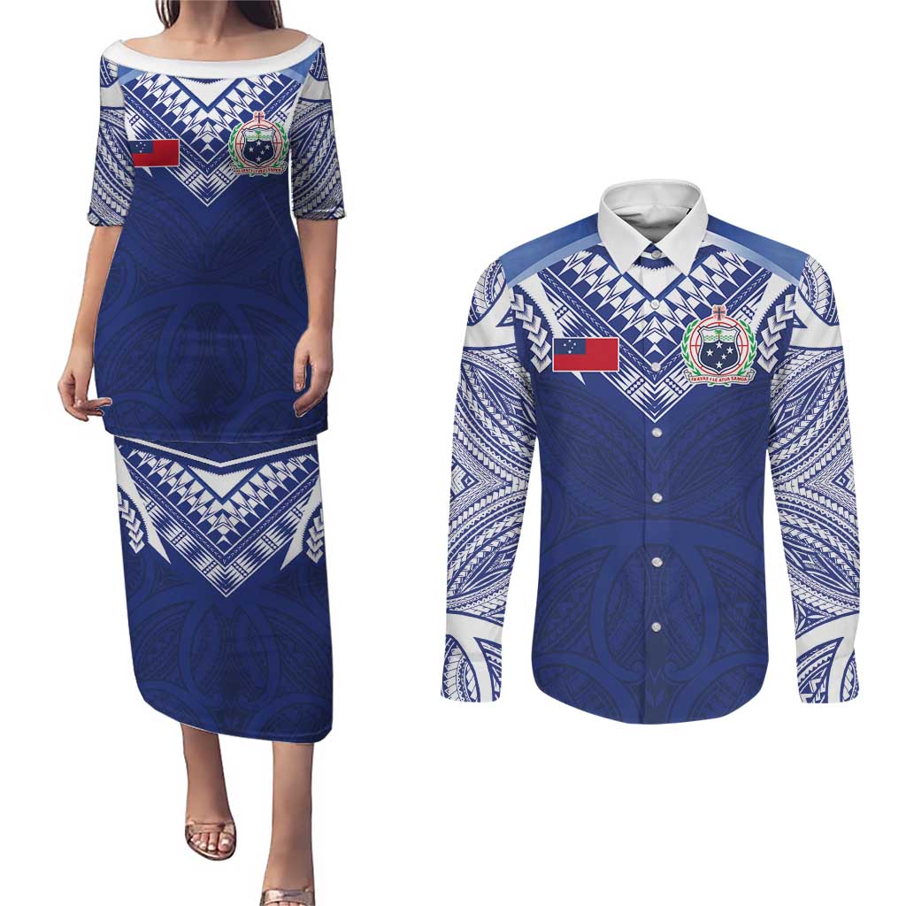 Custom Samoa Rugby Couples Matching Puletasi and Long Sleeve Button Shirt Pacific Motifs - Polynesian Pride