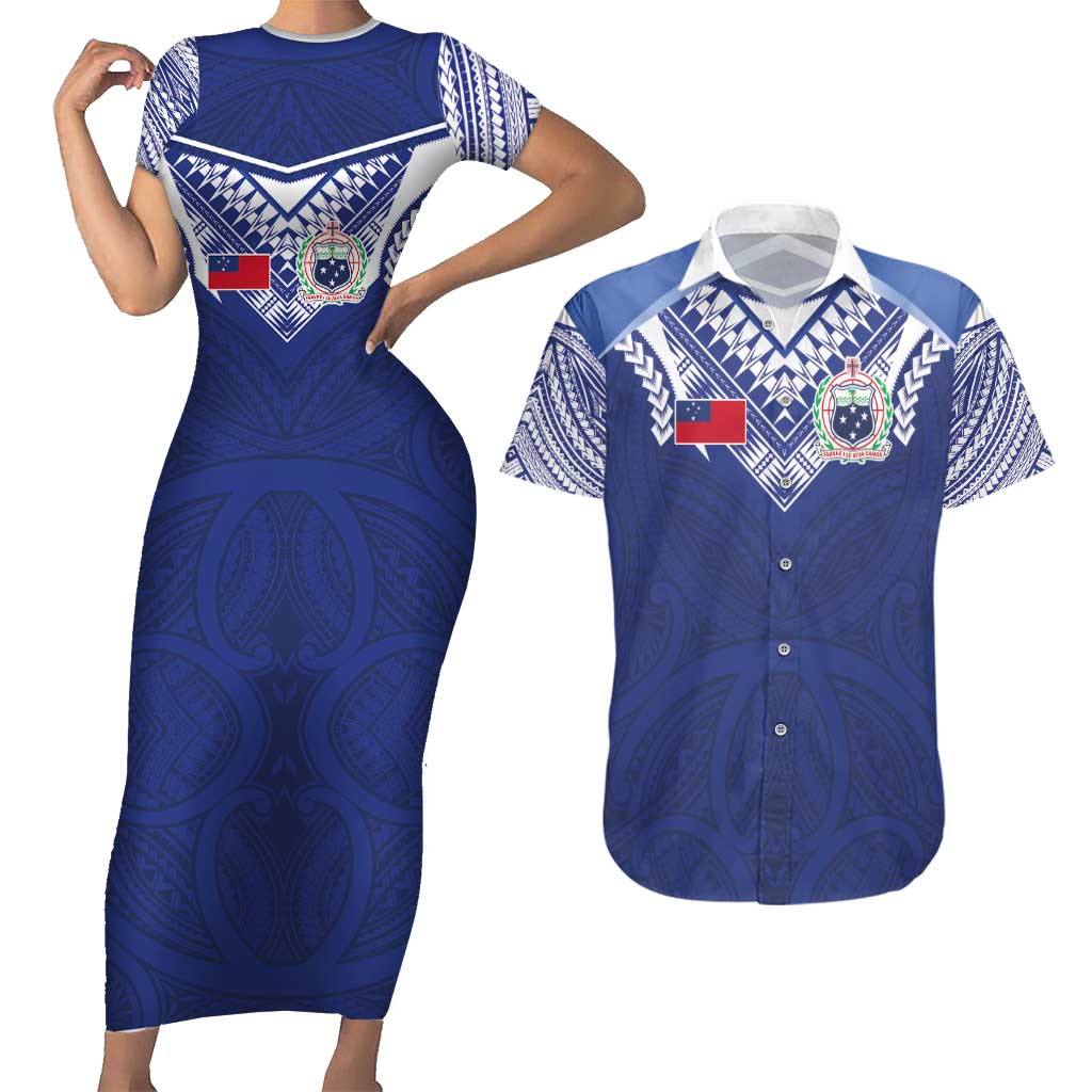 Custom Samoa Rugby Couples Matching Short Sleeve Bodycon Dress and Hawaiian Shirt Pacific Motifs - Polynesian Pride