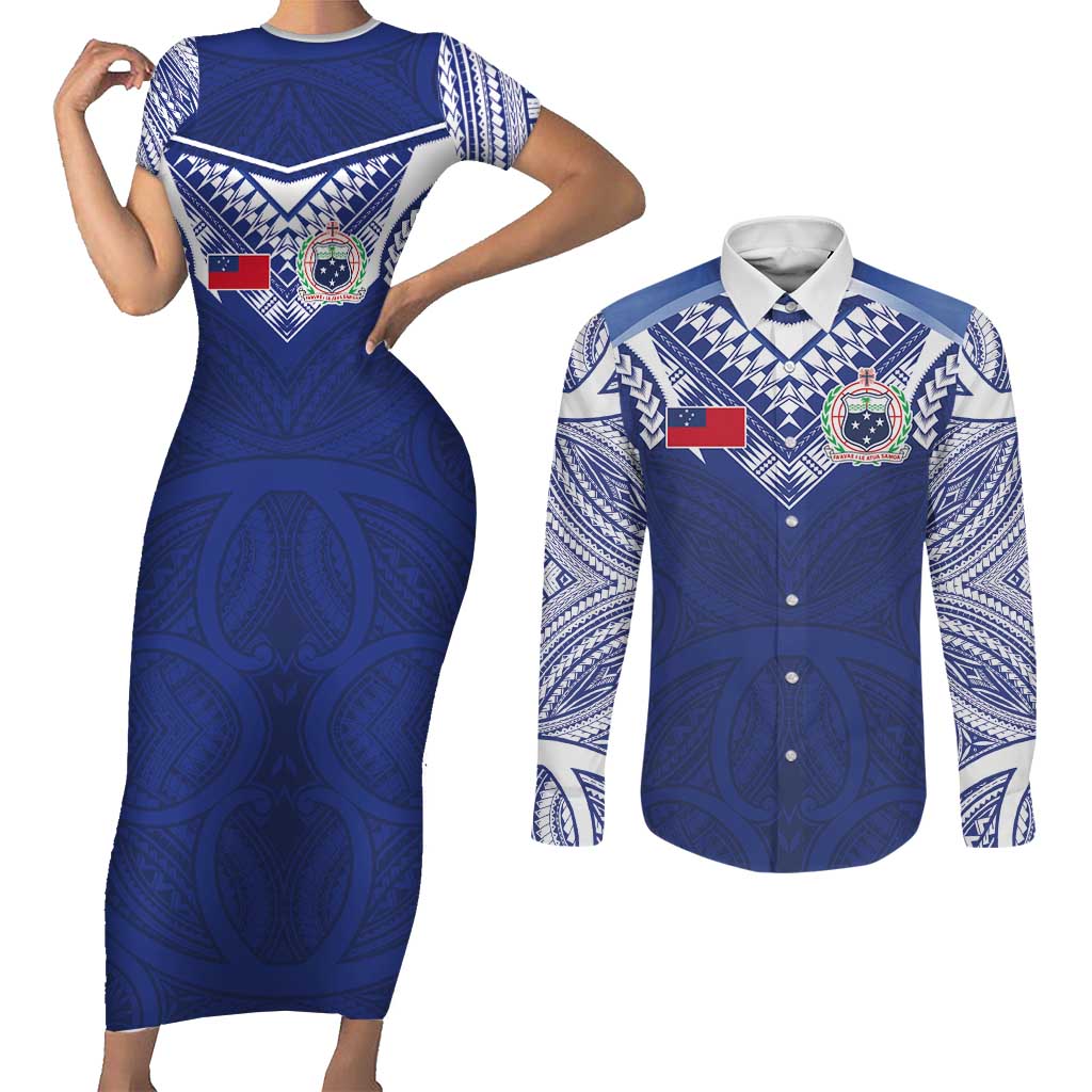 Custom Samoa Rugby Couples Matching Short Sleeve Bodycon Dress and Long Sleeve Button Shirt Pacific Motifs - Polynesian Pride