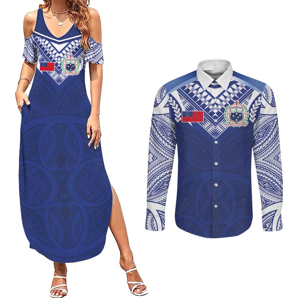 Custom Samoa Rugby Couples Matching Summer Maxi Dress and Long Sleeve Button Shirt Pacific Motifs - Polynesian Pride