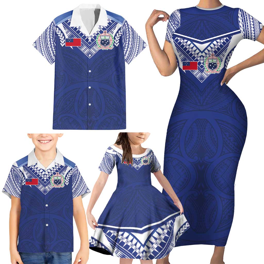 Custom Samoa Rugby Family Matching Short Sleeve Bodycon Dress and Hawaiian Shirt Pacific Motifs - Polynesian Pride