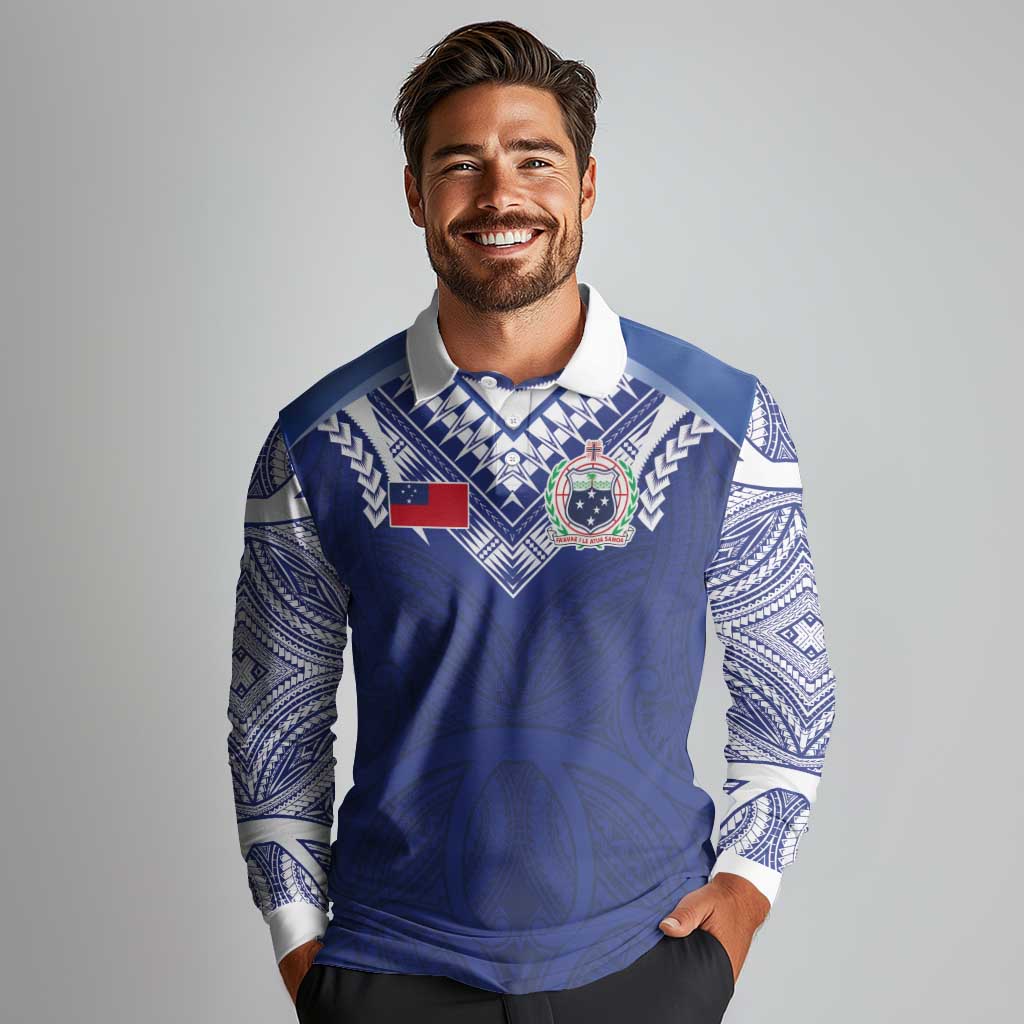 Custom Samoa Rugby Long Sleeve Polo Shirt Pacific Motifs - Polynesian Pride