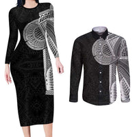 Samoan Tatau Couples Matching Long Sleeve Bodycon Dress and Long Sleeve Button Shirt Art Tribal Traditional Tattoos LT03 Black - Polynesian Pride