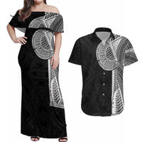 Samoan Tatau Couples Matching Off Shoulder Maxi Dress and Hawaiian Shirt Art Tribal Traditional Tattoos LT03 Black - Polynesian Pride