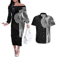 Samoan Tatau Couples Matching Off The Shoulder Long Sleeve Dress and Hawaiian Shirt Art Tribal Traditional Tattoos LT03 Black - Polynesian Pride
