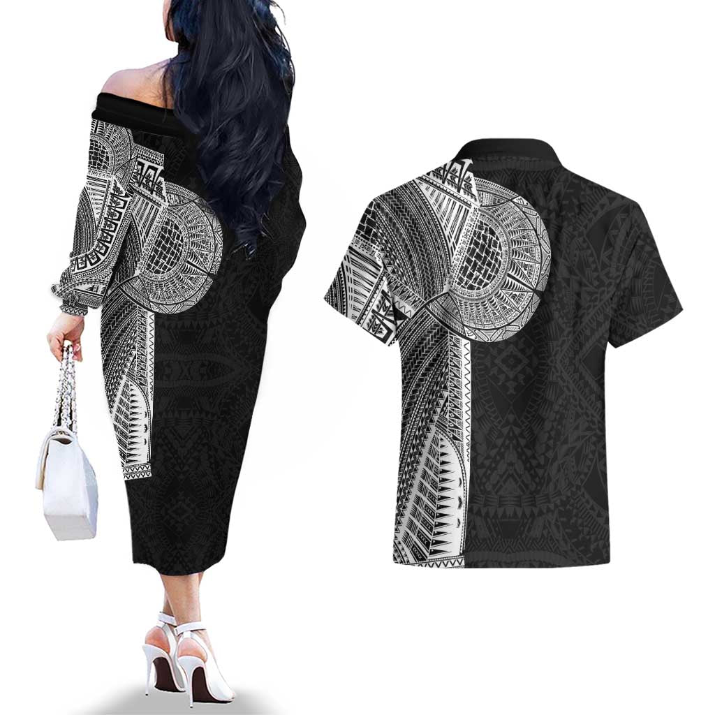 Samoan Tatau Couples Matching Off The Shoulder Long Sleeve Dress and Hawaiian Shirt Art Tribal Traditional Tattoos LT03 - Polynesian Pride