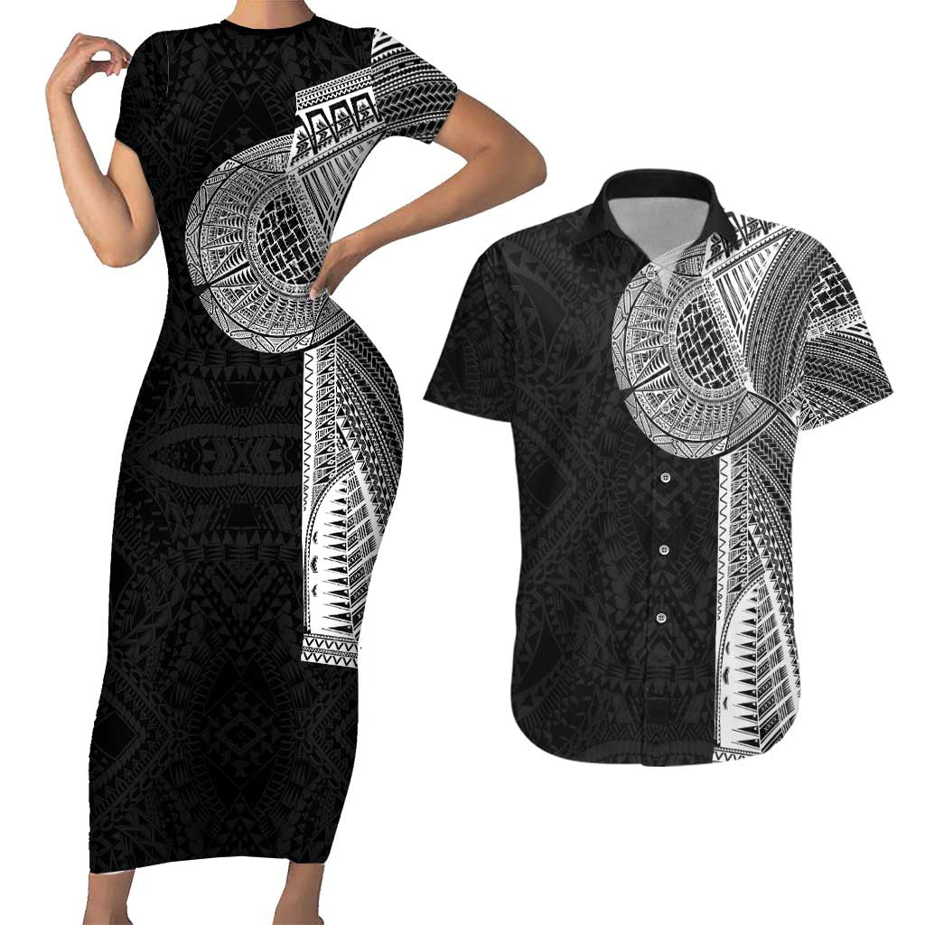 Samoan Tatau Couples Matching Short Sleeve Bodycon Dress and Hawaiian Shirt Art Tribal Traditional Tattoos LT03 Black - Polynesian Pride