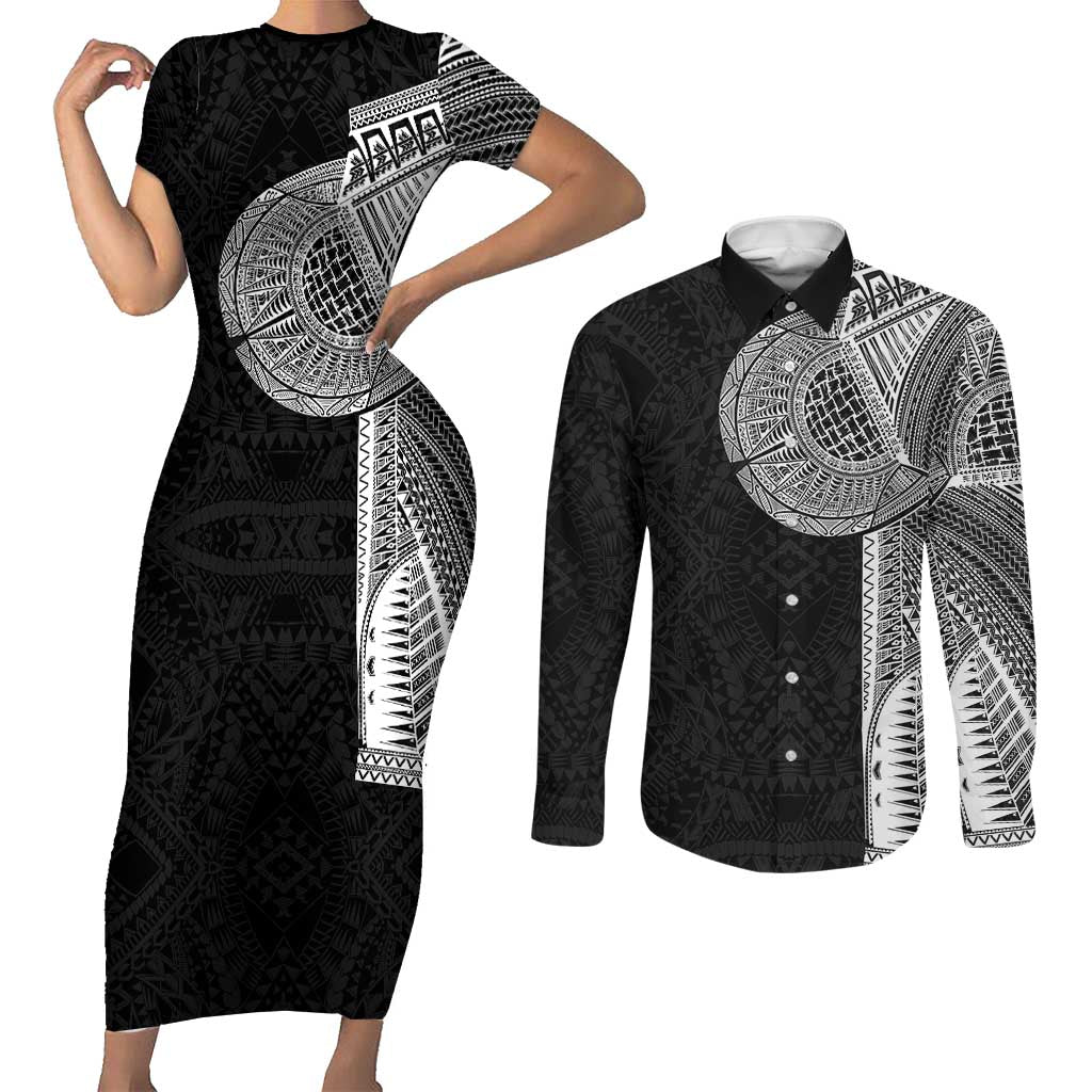 Samoan Tatau Couples Matching Short Sleeve Bodycon Dress and Long Sleeve Button Shirt Art Tribal Traditional Tattoos LT03 Black - Polynesian Pride