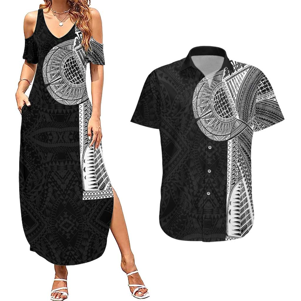 Samoan Tatau Couples Matching Summer Maxi Dress and Hawaiian Shirt Art Tribal Traditional Tattoos LT03 Black - Polynesian Pride