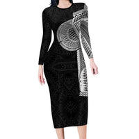 Samoan Tatau Family Matching Long Sleeve Bodycon Dress and Hawaiian Shirt Art Tribal Traditional Tattoos LT03 Mom's Dress Black - Polynesian Pride
