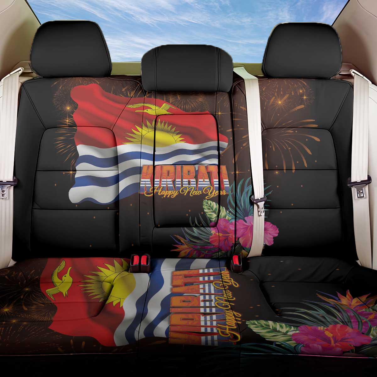 Kiribati Flag and Fireworks Back Car Seat Cover First Place Welcome the New Year LT03 One Size Black - Polynesian Pride