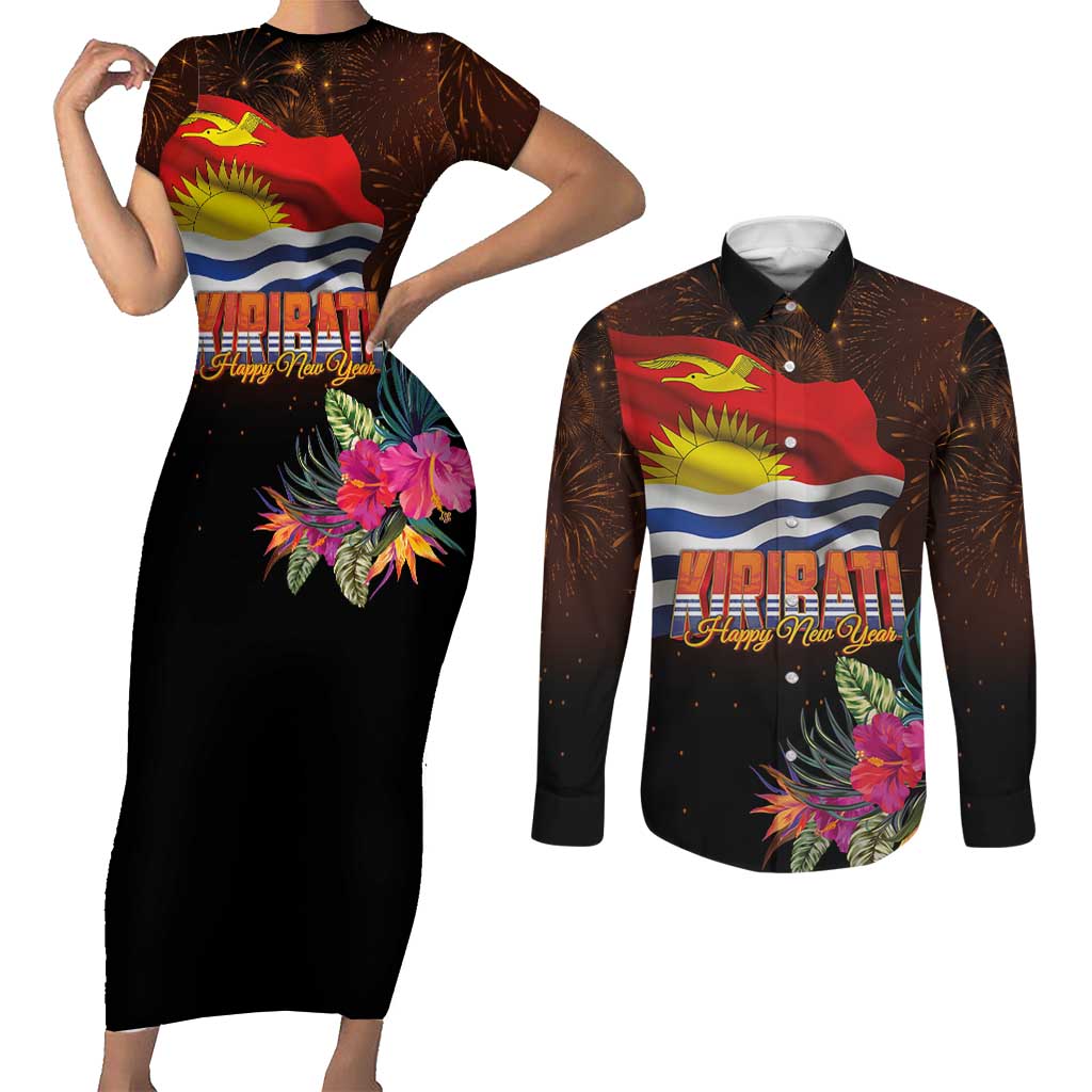 Kiribati Flag and Fireworks Couples Matching Short Sleeve Bodycon Dress and Long Sleeve Button Shirt First Place Welcome the New Year - Polynesian Pride