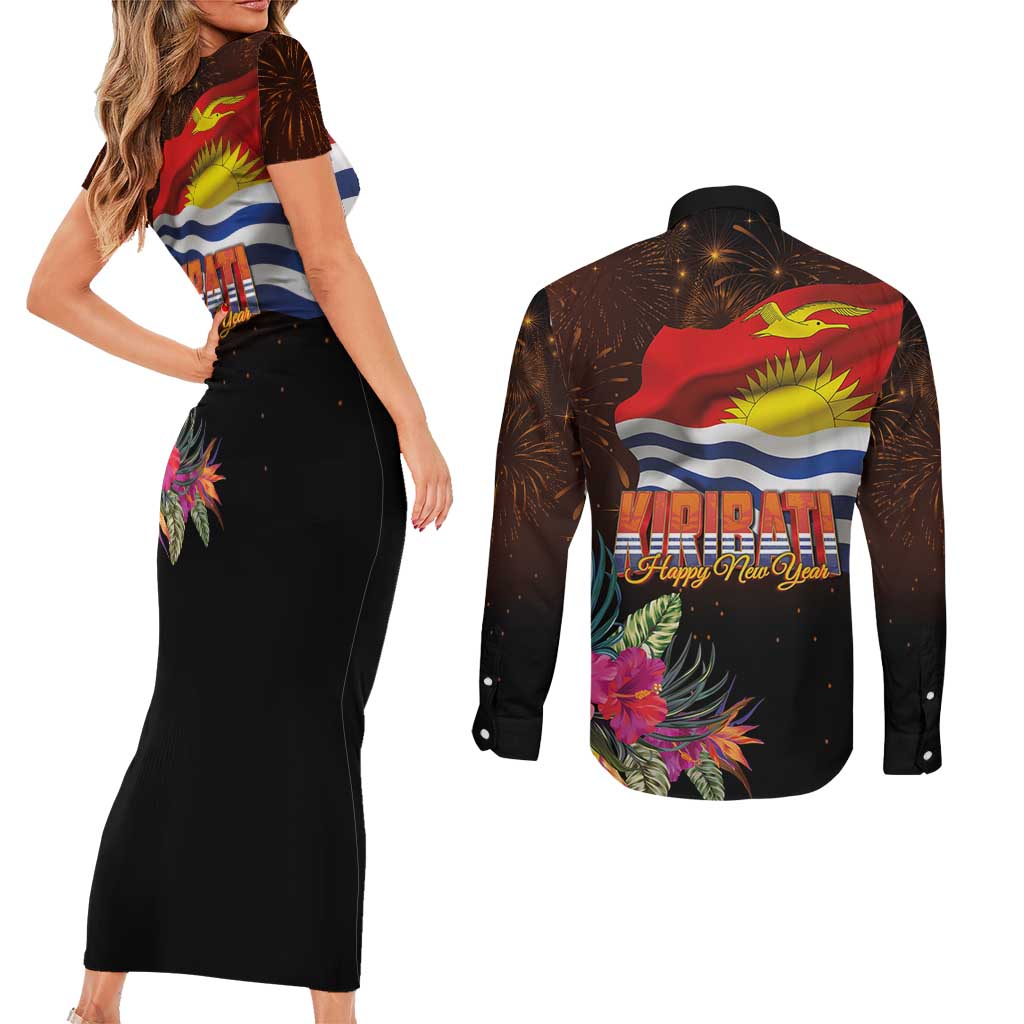 Kiribati Flag and Fireworks Couples Matching Short Sleeve Bodycon Dress and Long Sleeve Button Shirt First Place Welcome the New Year - Polynesian Pride
