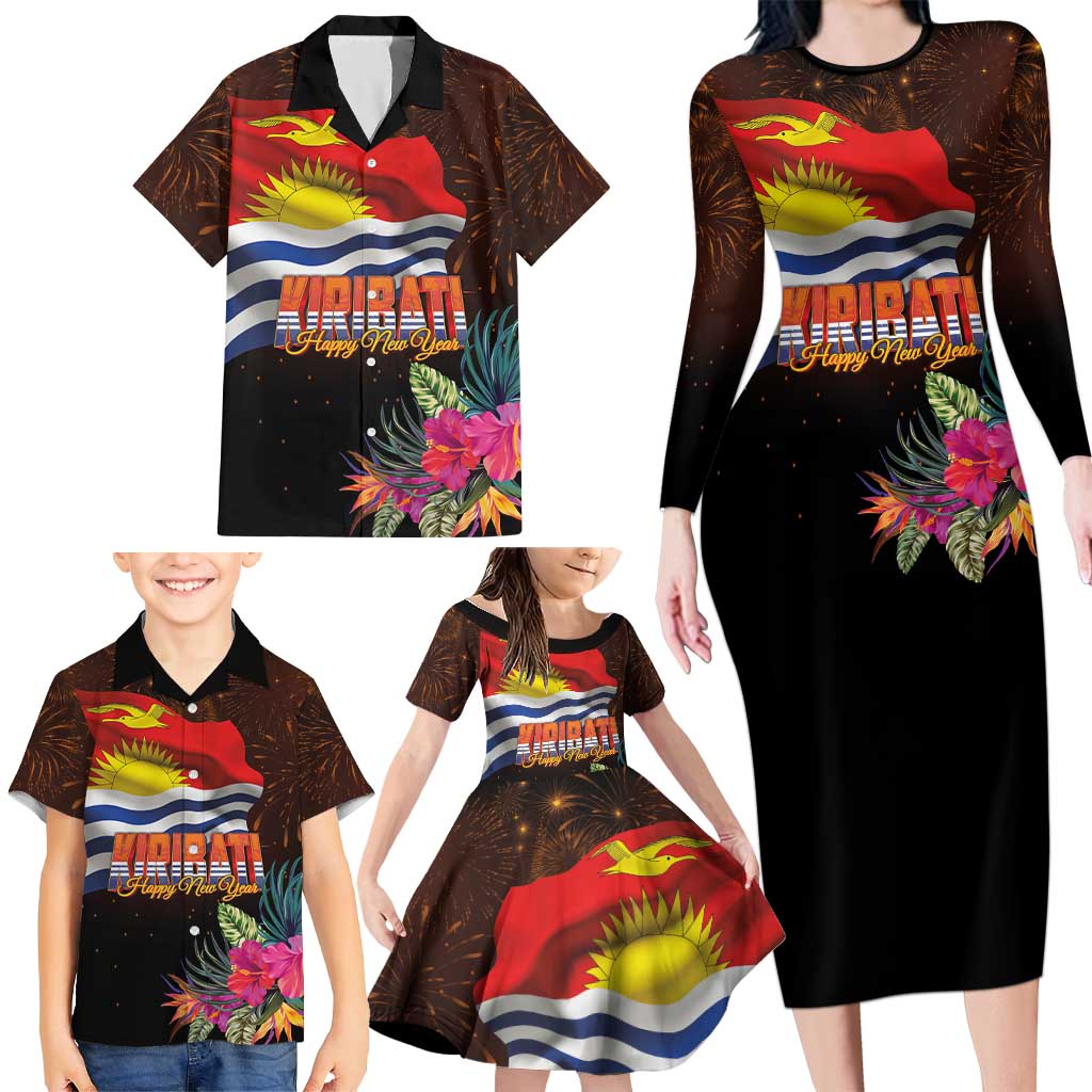 Kiribati Flag and Fireworks Family Matching Long Sleeve Bodycon Dress and Hawaiian Shirt First Place Welcome the New Year LT03 - Polynesian Pride