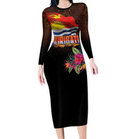 Kiribati Flag and Fireworks Family Matching Long Sleeve Bodycon Dress and Hawaiian Shirt First Place Welcome the New Year LT03 Mom's Dress Black - Polynesian Pride