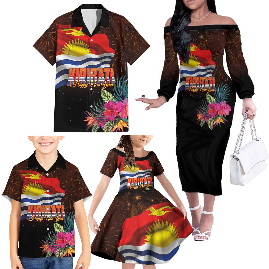 Kiribati Flag and Fireworks Family Matching Off The Shoulder Long Sleeve Dress and Hawaiian Shirt First Place Welcome the New Year LT03 - Polynesian Pride