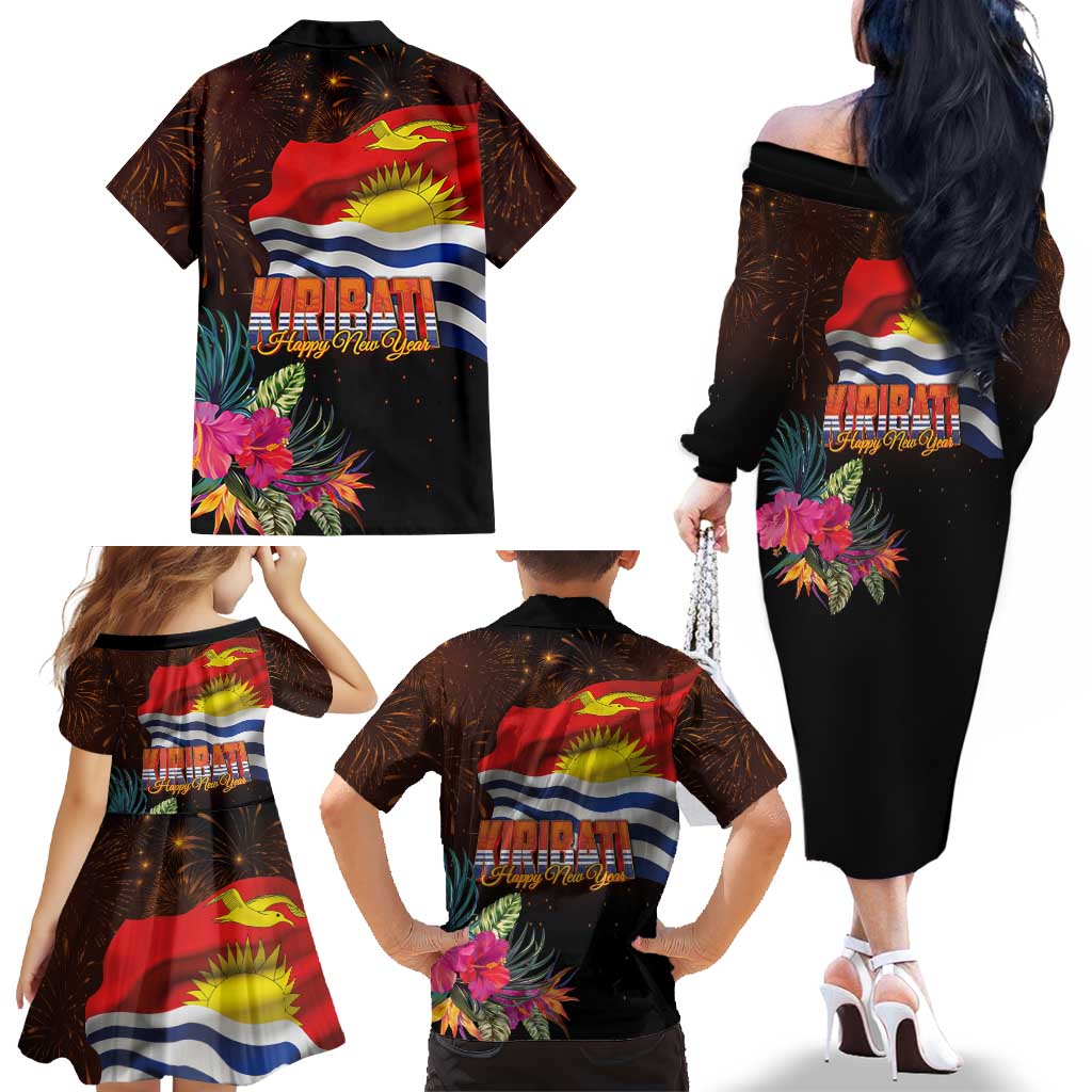 Kiribati Flag and Fireworks Family Matching Off The Shoulder Long Sleeve Dress and Hawaiian Shirt First Place Welcome the New Year LT03 - Polynesian Pride