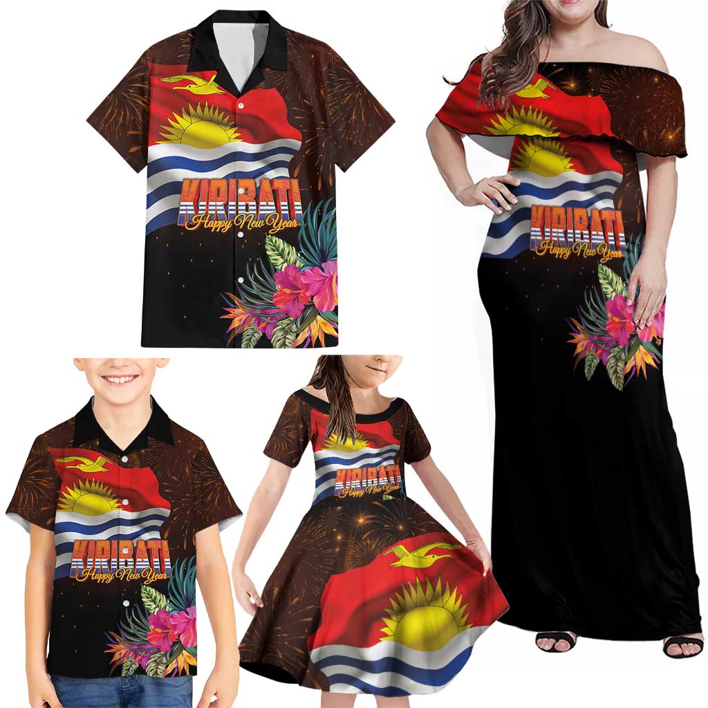 Kiribati Flag and Fireworks Family Matching Off Shoulder Maxi Dress and Hawaiian Shirt First Place Welcome the New Year - Polynesian Pride